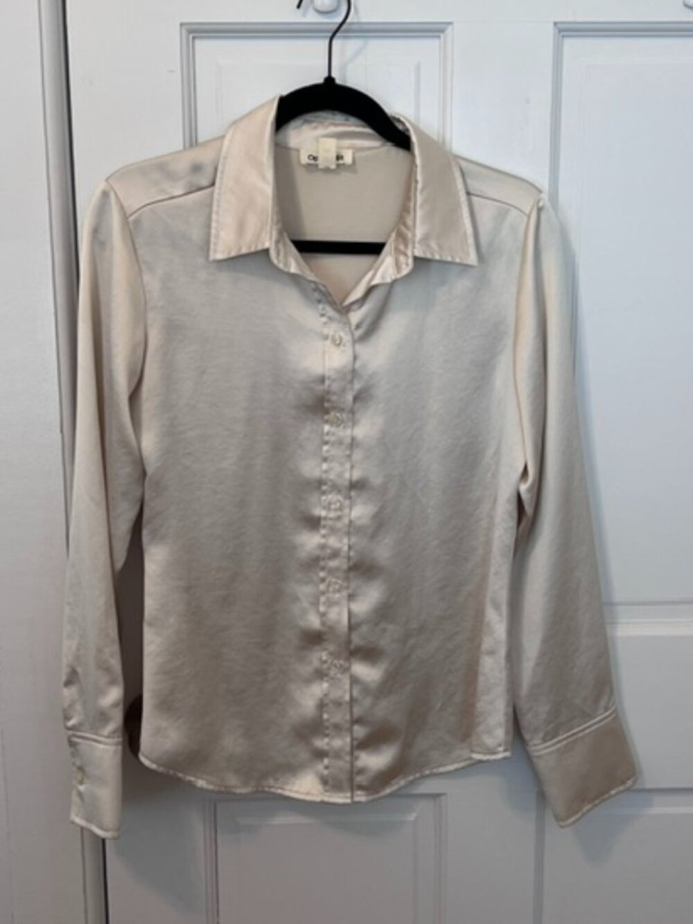 Open Edit Long Sleeve Satin Button-Up Shirt, Size Small